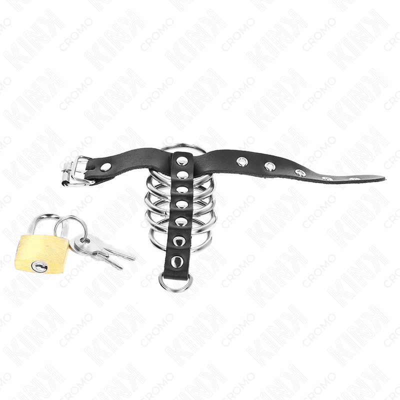 KINK - ANNEAU PÉNIS EN CUIR AVEC SANGLE DE VERROUILLAGE 21 X 2 CM ET 5 ANNEAUX MÉTALLIQUES DE 3 CM À 4 CM - 7eme ciel