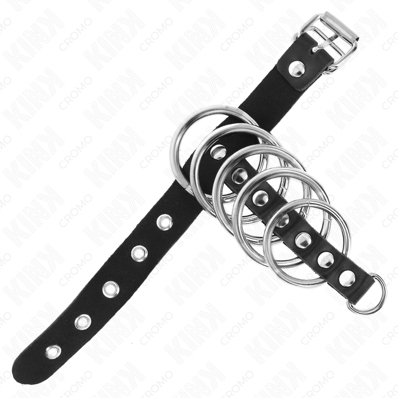 KINK - ANNEAU PÉNIS EN CUIR AVEC SANGLE DE VERROUILLAGE 21 X 2 CM ET 5 ANNEAUX MÉTALLIQUES DE 3 CM À 4 CM - 7eme ciel