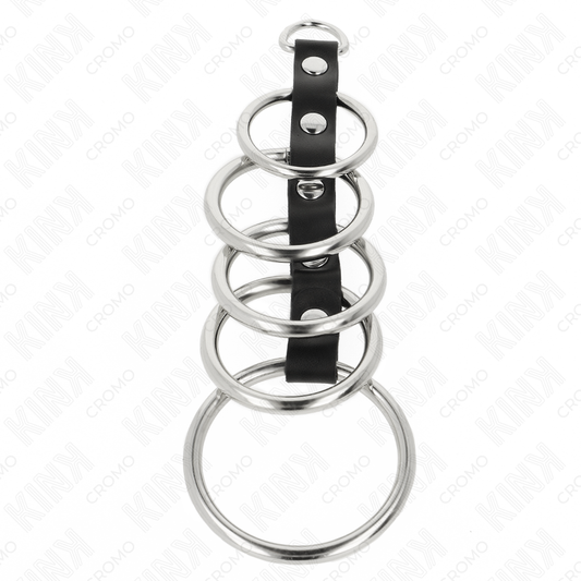 KINK - 5 ANNEAUX PÉNIS EN MÉTAL DE 3,2 CM À 5 CM CONNECTÉS PAR DU CUIR - 7eme ciel