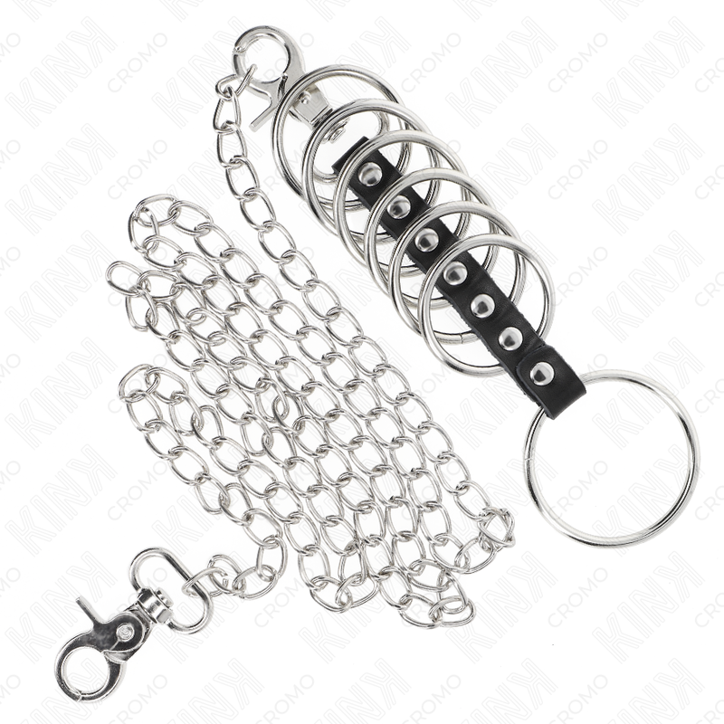 KINK - 7 ANNEAUX PÉNIS EN MÉTAL DE 3,8 CM À 5 CM CONNECTÉS AVEC DU CUIR ET UNE CHAÎNE EN MÉTAL 100 CM - 7eme ciel