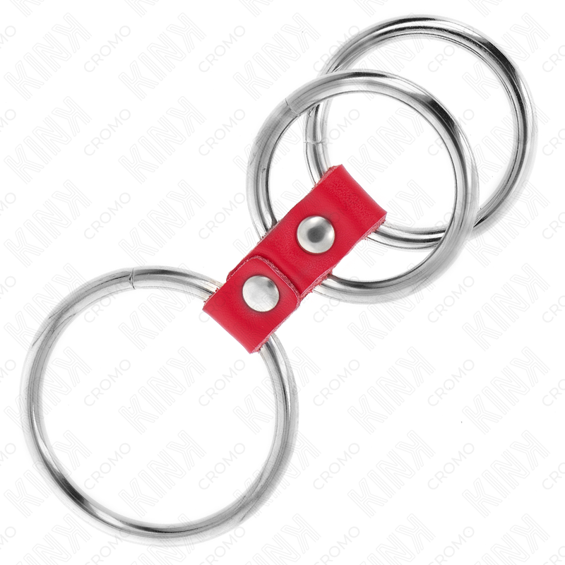 KINK - ANNEAU PÉNIS TRIPLE MÉTAL 3,7 CM À 5 CM CONNECTÉ AVEC DU CUIR ROUGE - 7eme ciel
