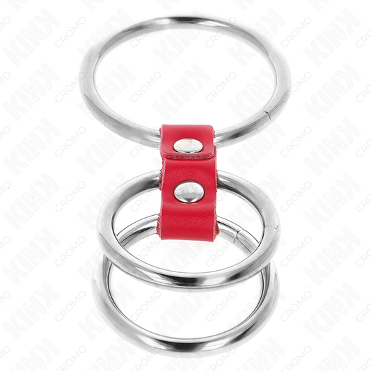 KINK - ANNEAU PÉNIS TRIPLE MÉTAL 3,7 CM À 5 CM CONNECTÉ AVEC DU CUIR ROUGE - 7eme ciel