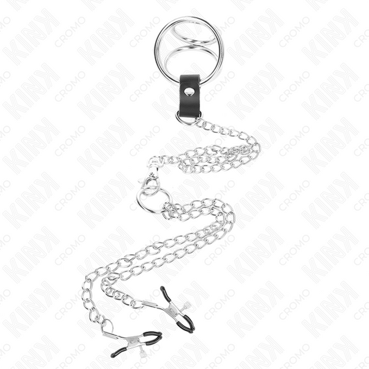 KINK - ANNEAU PÉNIS EN MÉTAL TRIPLE CHROME 3 CM À 4,5 CM AVEC CHAÎNE EN MÉTAL DE 26 CM ET PINCES À TÉTONS - 7eme ciel
