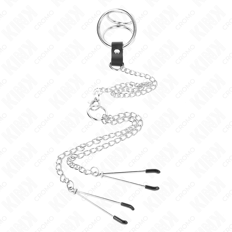 KINK - ANNEAU PÉNIS EN MÉTAL TRIPLE CHROME 3,8 CM À 5 CM AVEC CHAÎNE EN MÉTAL DE 26 CM ET PINCES À TÉTONS MODÈLE 2 - 7eme ciel