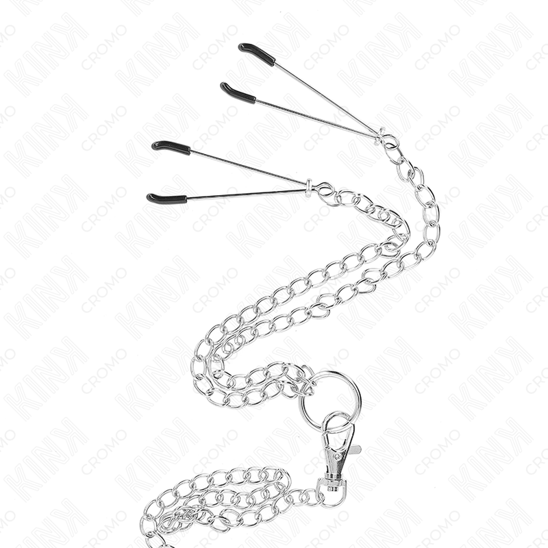 KINK - ANNEAU PÉNIS EN MÉTAL TRIPLE CHROME 3,8 CM À 5 CM AVEC CHAÎNE EN MÉTAL DE 26 CM ET PINCES À TÉTONS MODÈLE 2 - 7eme ciel