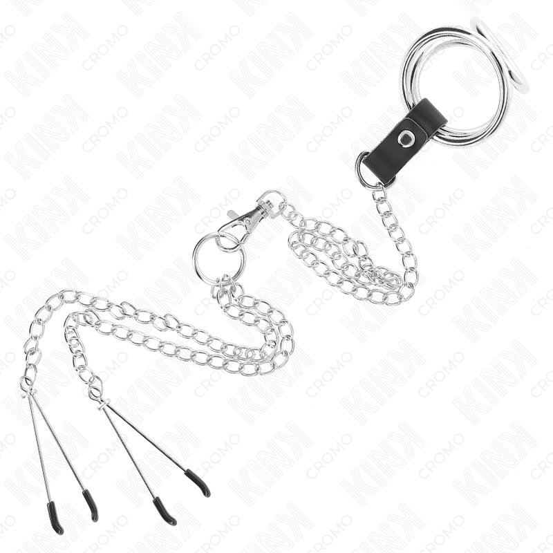 KINK - ANNEAU PÉNIS EN MÉTAL TRIPLE CHROME 3,8 CM À 5 CM AVEC CHAÎNE EN MÉTAL DE 26 CM ET PINCES À TÉTONS MODÈLE 2 - 7eme ciel