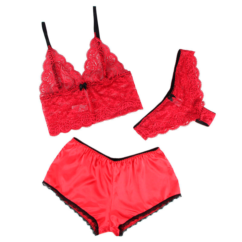 SUBBLIME - 953898 CHEMISIER DE NUIT EN SOIE ET DENTELLE + CULOTTE ROUGE S/M - 7eme ciel