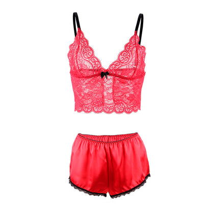 SUBBLIME - 953904 CHEMISIER DE NUIT EN SOIE ET DENTELLE + CULOTTE ROUGE L/XL - 7eme ciel