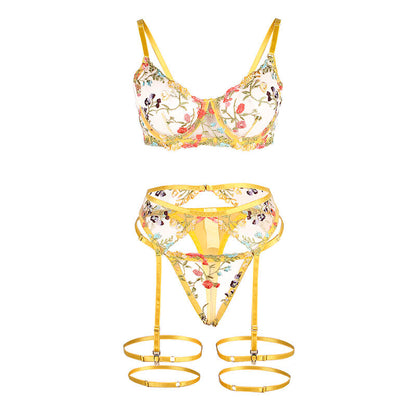 SUBBLIME - 954345 SOUTIEN-GORGE + STRING + PORTE-JARRETELLES MOTIF FLORAL JAUNE S/M - 7eme ciel