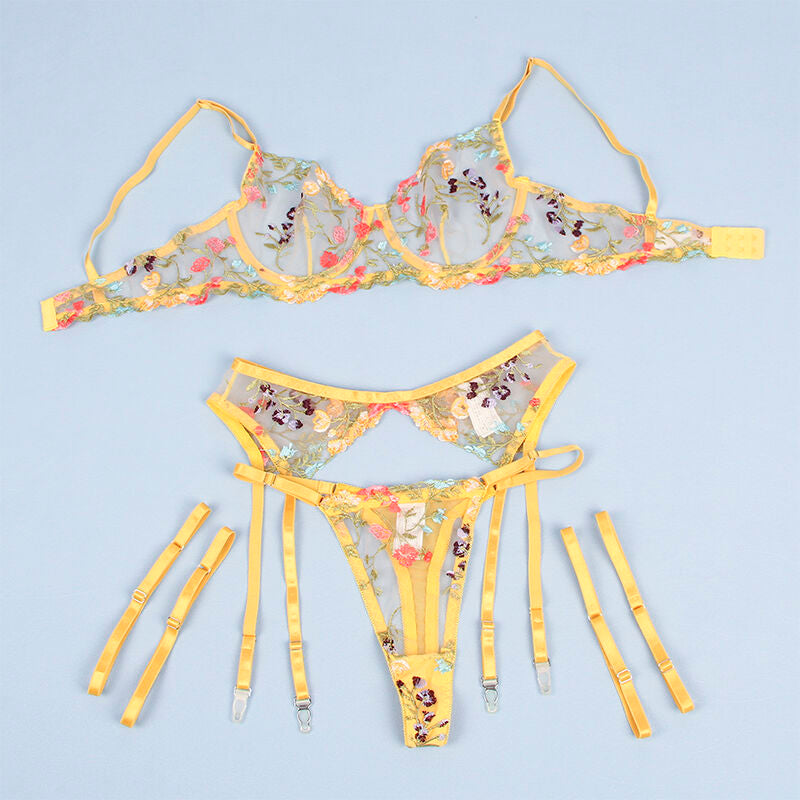 SUBBLIME - 954345 SOUTIEN-GORGE + STRING + PORTE-JARRETELLES MOTIF FLORAL JAUNE S/M - 7eme ciel