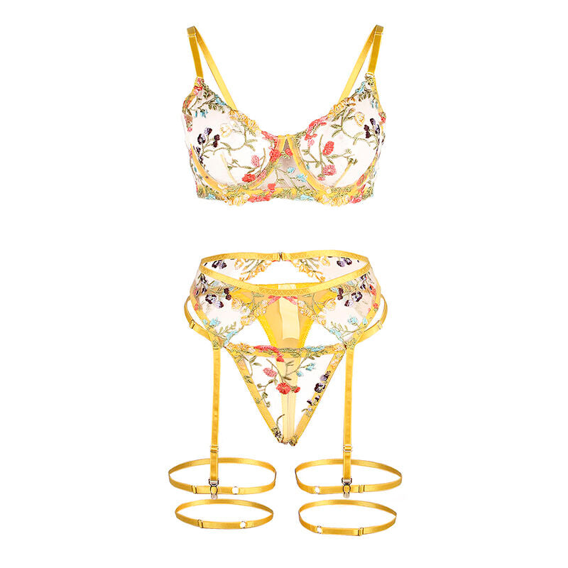 SUBBLIME - 954352 SOUTIEN-GORGE + STRING + PORTE-JARRETELLES MOTIF FLORAL JAUNE L/XL - 7eme ciel
