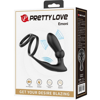 PRETTY LOVE - ANNEAU PÉNIS EMONI + PLUG ANAL 12 VIBRATIONS NOIR
