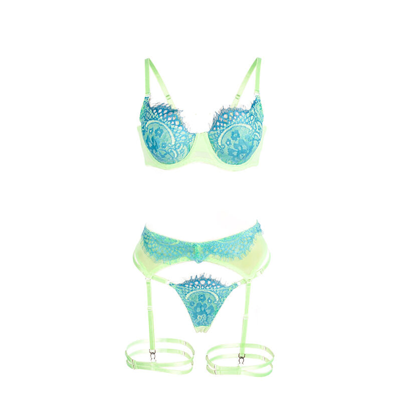 SUBBLIME - 955311 ENSEMBLE SOUTIEN-GORGE AVEC LIGNES DENTELLE ET JARRETELLE VERT ET BLEU S/M - 7eme ciel