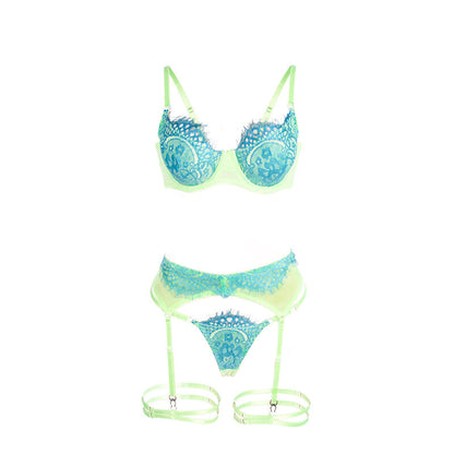 SUBBLIME - 955328 ENSEMBLE SOUTIEN-GORGE AVEC LIGNES DENTELLE ET JARRETELLE VERT ET BLEU L/XL