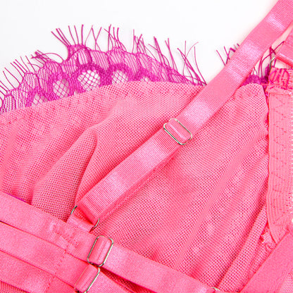 SUBBLIME - 955359 ENSEMBLE SOUTIEN-GORGE AVEC DENTELLE ET LIENS JARRETELLES ROSE ET VIOLET S/M