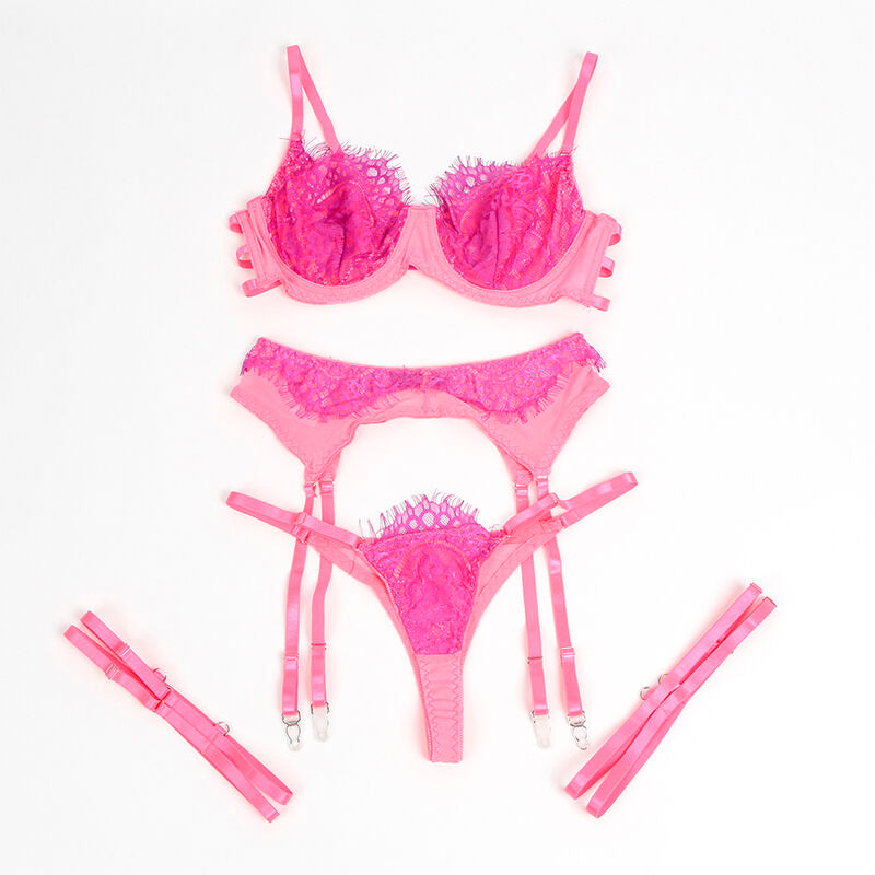 SUBBLIME - 955366 ENSEMBLE SOUTIEN-GORGE AVEC LIGNES DE DENTELLE ET JARRETELLES ROSE ET VIOLET L/XL - 7eme ciel