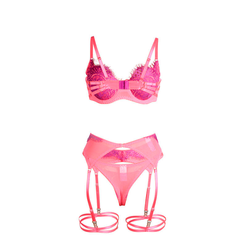 SUBBLIME - 955366 ENSEMBLE SOUTIEN-GORGE AVEC LIGNES DE DENTELLE ET JARRETELLES ROSE ET VIOLET L/XL - 7eme ciel