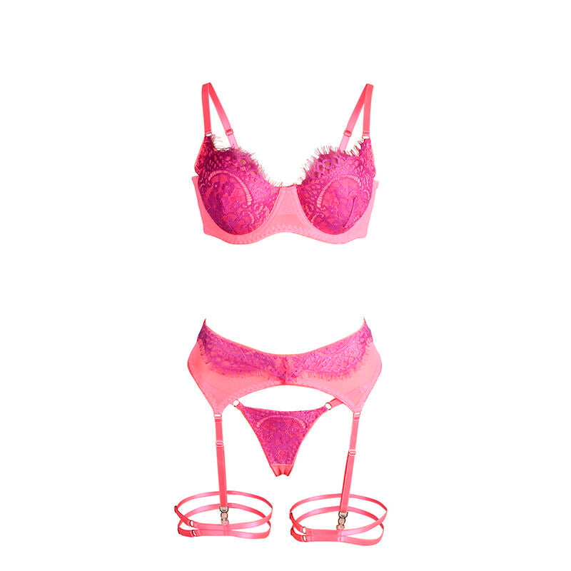 SUBBLIME - 955366 ENSEMBLE SOUTIEN-GORGE AVEC LIGNES DE DENTELLE ET JARRETELLES ROSE ET VIOLET L/XL - 7eme ciel