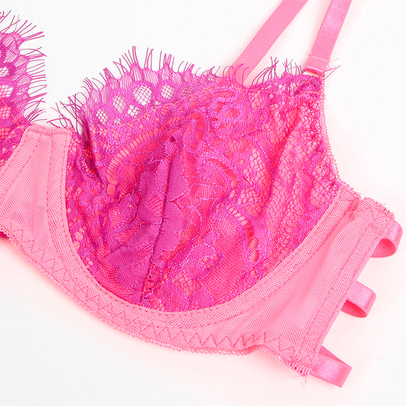 SUBBLIME - 955366 ENSEMBLE SOUTIEN-GORGE AVEC LIGNES DE DENTELLE ET JARRETELLES ROSE ET VIOLET L/XL - 7eme ciel