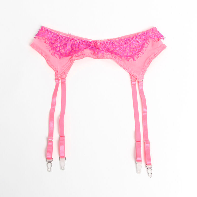 SUBBLIME - 955366 ENSEMBLE SOUTIEN-GORGE AVEC LIGNES DE DENTELLE ET JARRETELLES ROSE ET VIOLET L/XL - 7eme ciel