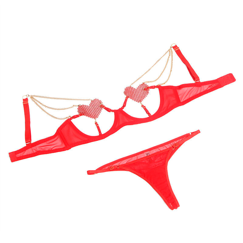 SUBBLIME - 955526 ENSEMBLE SOUTIEN-GORGE AVEC CHAÎNES ET COEUR EN MAILLE ROUGE L/XL - 7eme ciel