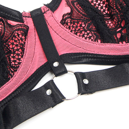 SUBBLIME - 955588 ENSEMBLE SOUTIEN-GORGE EN CUIR VERNI ROSE AVEC FERMETURE ÉCLAIR L/XL