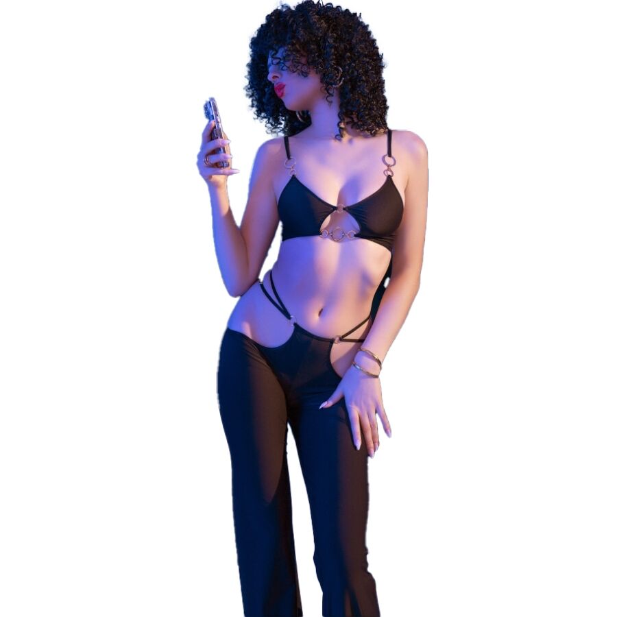 CHILIROSE - CR 4851 ENSEMBLE TOP ET LEGGINGS NOIRS AVEC ACCESSOIRES DORÉS S - 7eme ciel