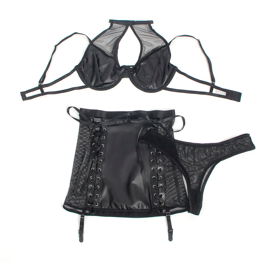 SUBBLIME - 957582 ENSEMBLE SOUTIEN-GORGE ET JUPE EN CUIR NOIR S/M - 7eme ciel