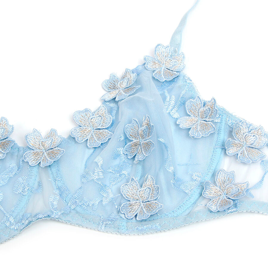 SUBBLIME - 957629 ENSEMBLE SOUTIEN-GORGE ET CULOTTE BRODÉS DE FLEURS BLEU CIEL S/M - 7eme ciel