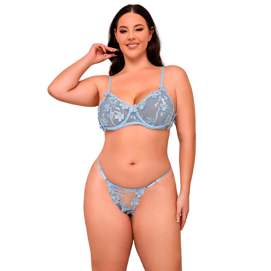 SUBBLIME - 957629 ENSEMBLE SOUTIEN-GORGE ET CULOTTE BRODÉS DE FLEURS BLEU CIEL S/M - 7eme ciel