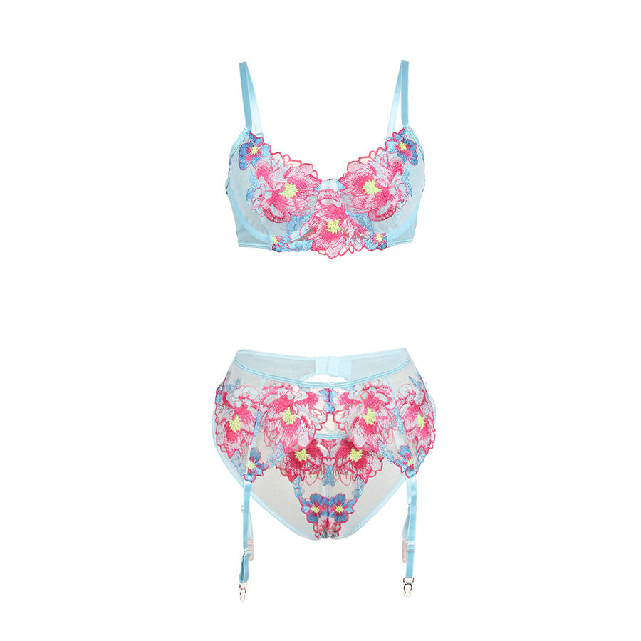 SUBBLIME - 957643 ENSEMBLE SOUTIEN-GORGE ET PORTE-JARRETELLES BRODÉ FLEURS ROSE S/M - 7eme ciel
