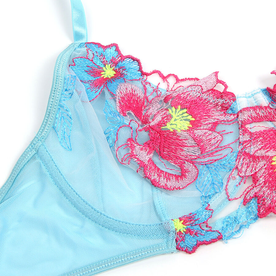 SUBBLIME - 957643 ENSEMBLE SOUTIEN-GORGE ET PORTE-JARRETELLES BRODÉ FLEURS ROSE S/M - 7eme ciel