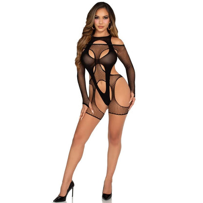 LEG AVENUE - BODYSTOCKING RÉSILLE AVEC PORTE-JARRETELLES ET HARNAIS NOIR