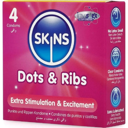 SKINS - PACK DE 4 PRÉSERVATIFS PREMIUM DOTS & RIBS - 7eme ciel