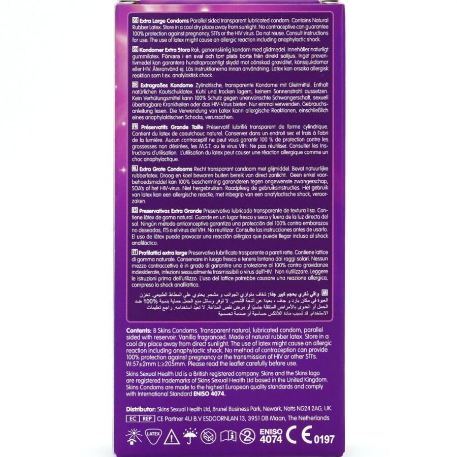 SKINS - PACK DE 8 PRÉSERVATIFS EXTRA LARGES PREMIUM - 7eme ciel