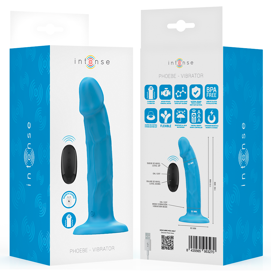 INTENSE - PHOEBE VIBRATEUR RÉALISTE 10 VIBRATIONS TÉLÉCOMMANDE BLEU - 7eme ciel