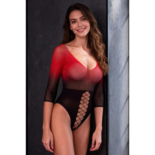 PASSION - BS118 BODYSTOCKING EN MAILLE NOIRE ET ROUGE
