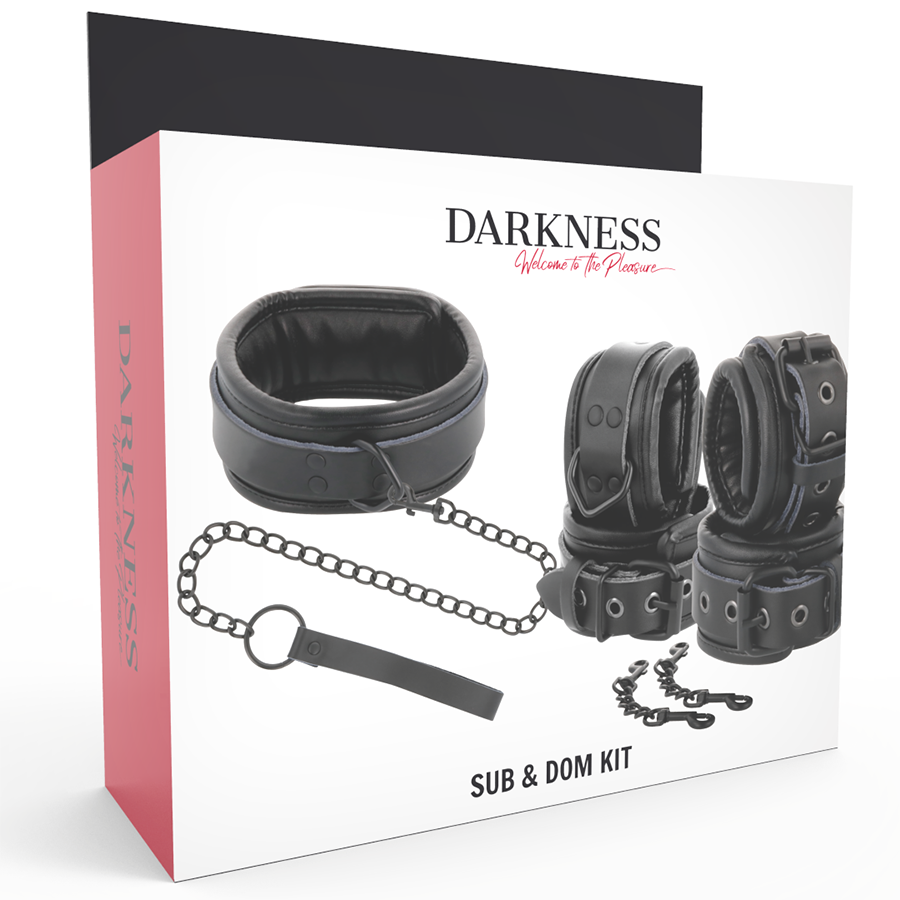 DARKNESS - MENOTTES ET COLLIER EN CUIR NOIR - 7eme ciel